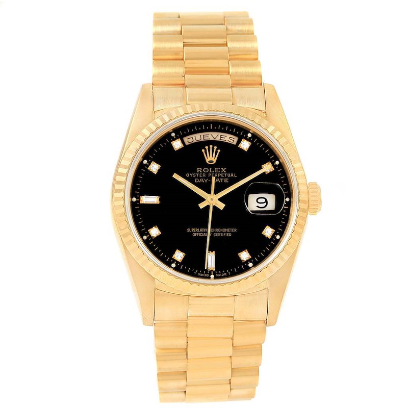 Rolex President Day Date 36 Yellow Gold Black Diamond Dial Watch