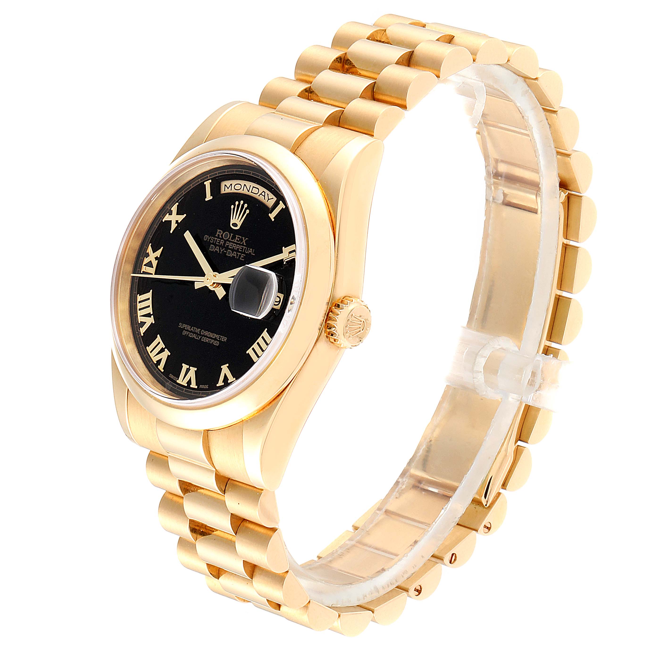 This is a Rolex President 118208 Men
s Yellow Gold Black Dial 118208 Men
s Yellow Gold Black Dial model watch shown at a three-quarter angle, highlighting the gold bracelet, black dial, and day-date function.