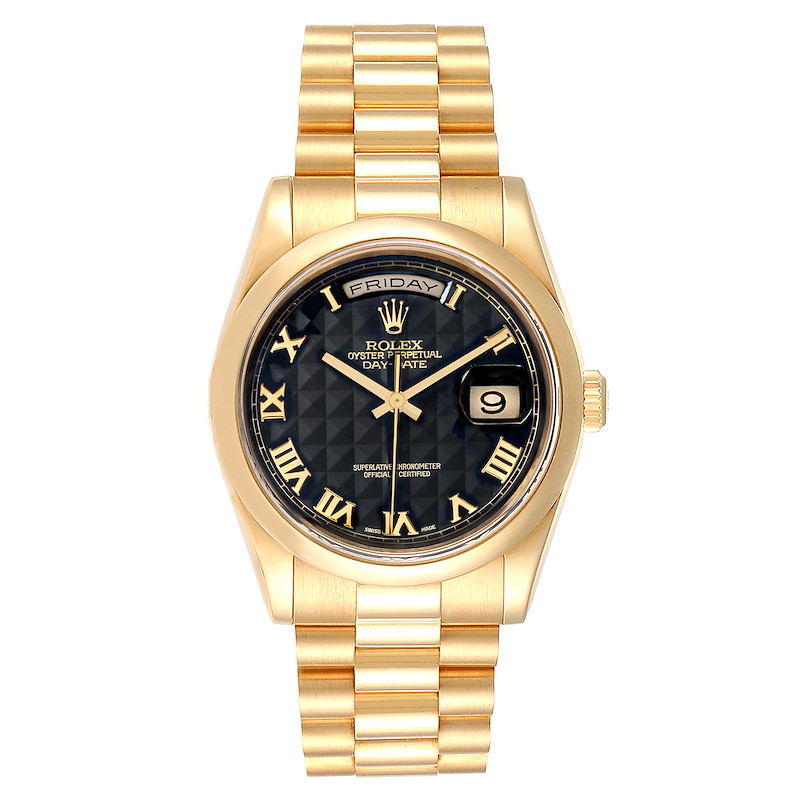 Rolex President Day Date Yellow Gold Black Pyramid Dial Watch 118208 SwissWatchExpo