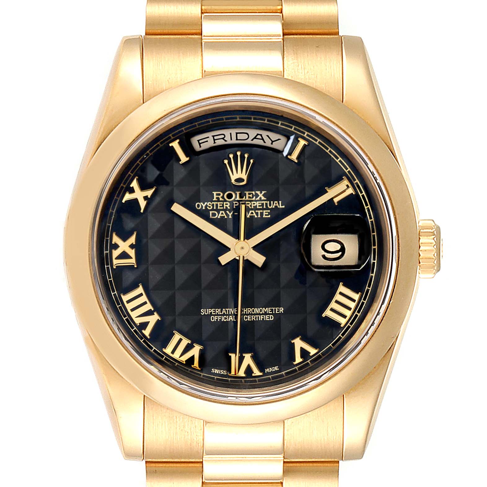 This image shows a front view of the dial and bracelet of a Rolex President 118208 Men
s Yellow Gold Black Dial 118208 Men
s Yellow Gold Black Dial model watch.