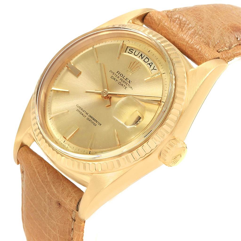 The image shows a close-up angle of the Rolex President 1803 Men's Yellow Gold Champagne Dial 1803 Men's Yellow Gold Champagne Dial model watch, focusing on the face, bezel, and crown.