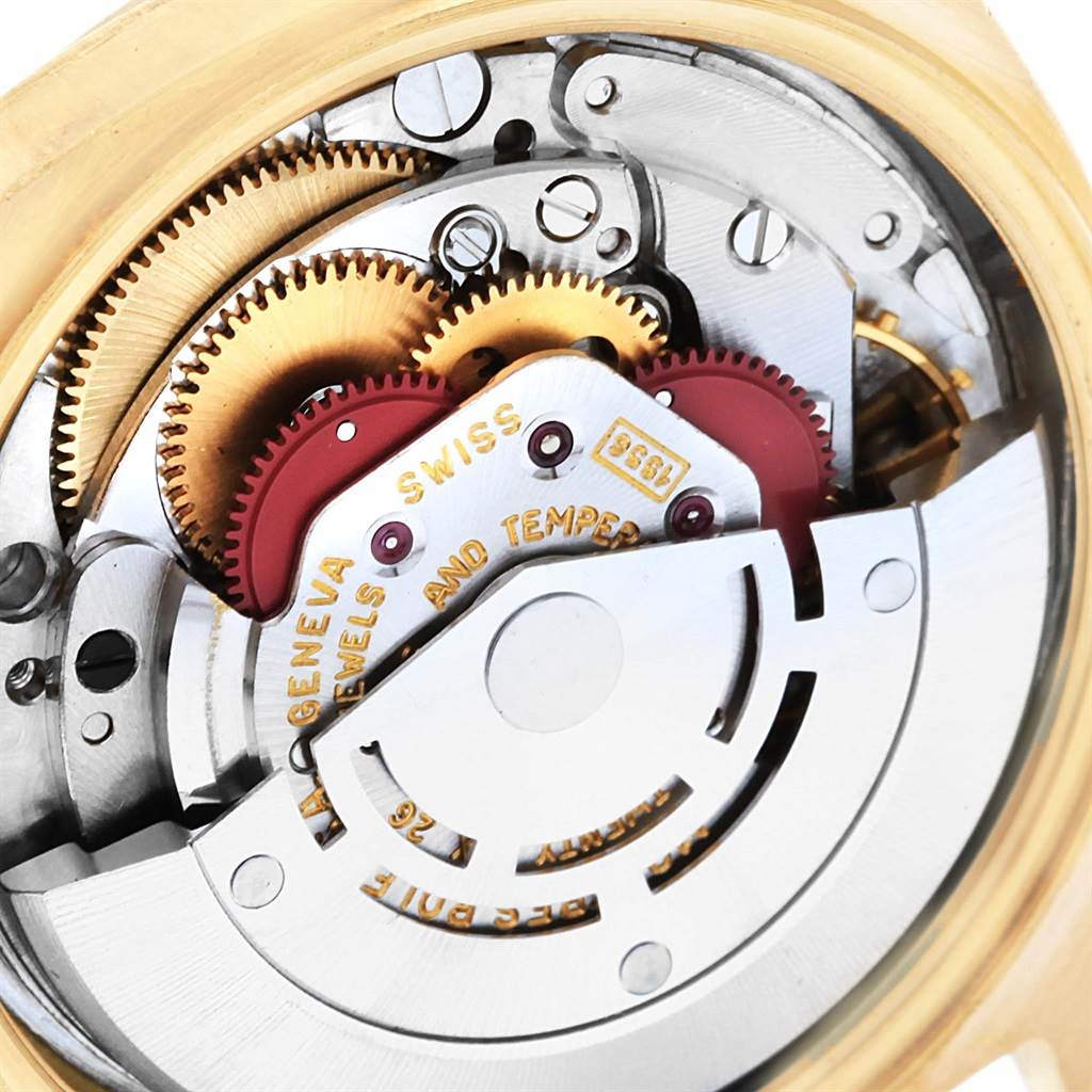 The image shows a close-up view of the internal mechanism of a Rolex President 1803 Men's Yellow Gold Champagne Dial 1803 Men's Yellow Gold Champagne Dial model watch.