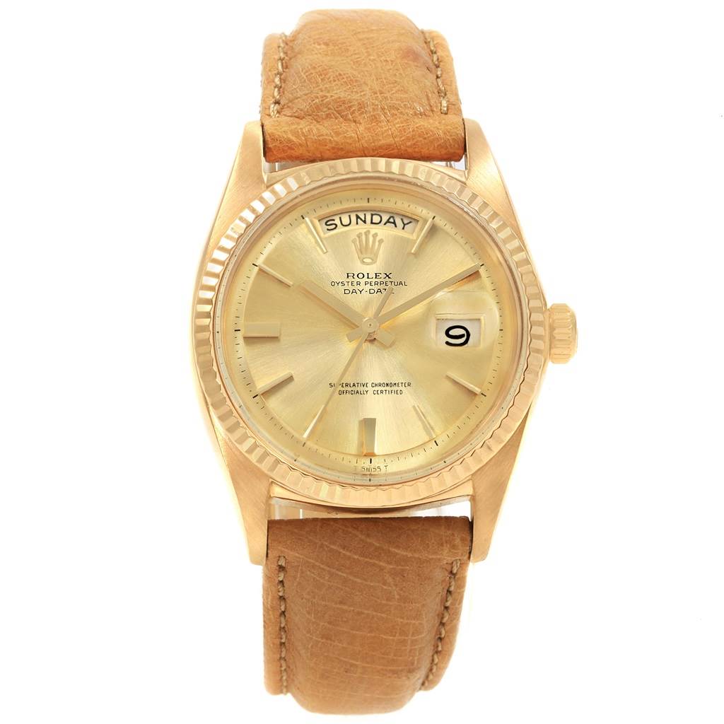 This image shows a frontal view of a Rolex President 1803 Men's Yellow Gold Champagne Dial 1803 Men's Yellow Gold Champagne Dial model watch with a tan leather strap, displaying the day and date features.
