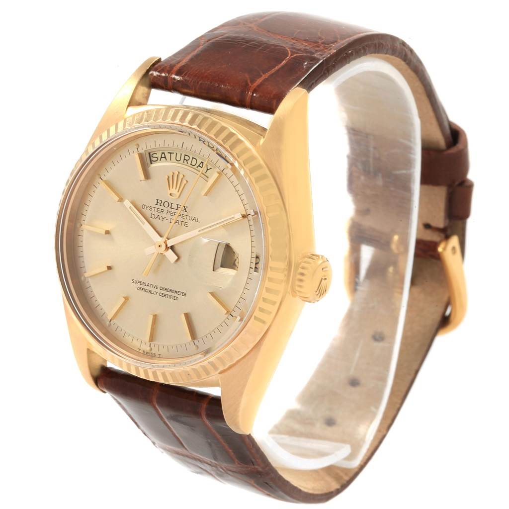 This image shows a Rolex President 1803 Men's Yellow Gold Champagne Dial 1803 Men's Yellow Gold Champagne Dial model watch from a front angle, highlighting its dial, bezel, crown, and leather strap.