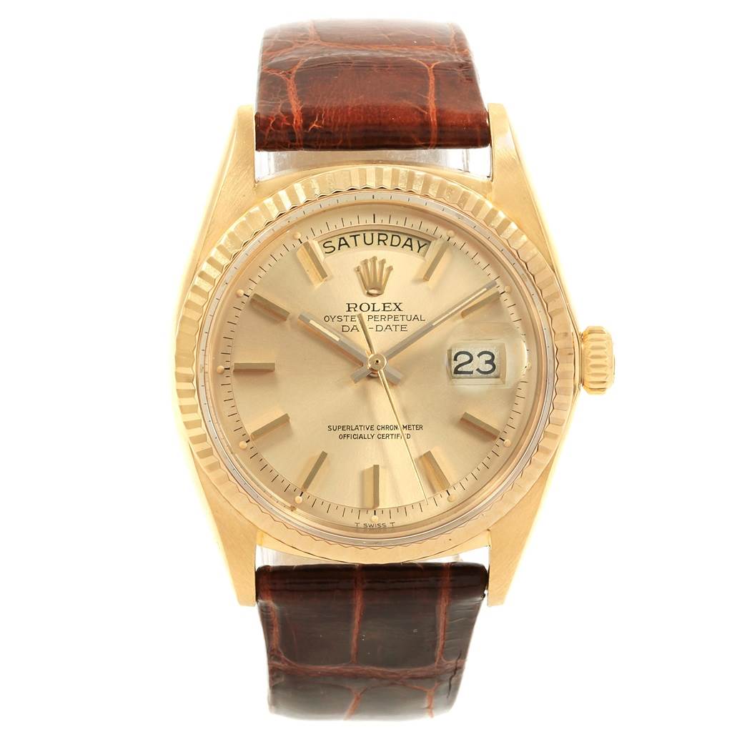The image shows a front view of a Rolex President 1803 Men's Yellow Gold Champagne Dial 1803 Men's Yellow Gold Champagne Dial model watch, displaying the dial, day-date functions, and leather strap.