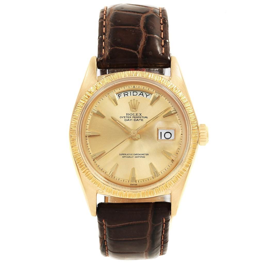 The image shows a frontal view of a Rolex President 1807 Men
s Yellow Gold Champagne Dial 1807 Men
s Yellow Gold Champagne Dial model watch, featuring the dial, bezel, and strap.