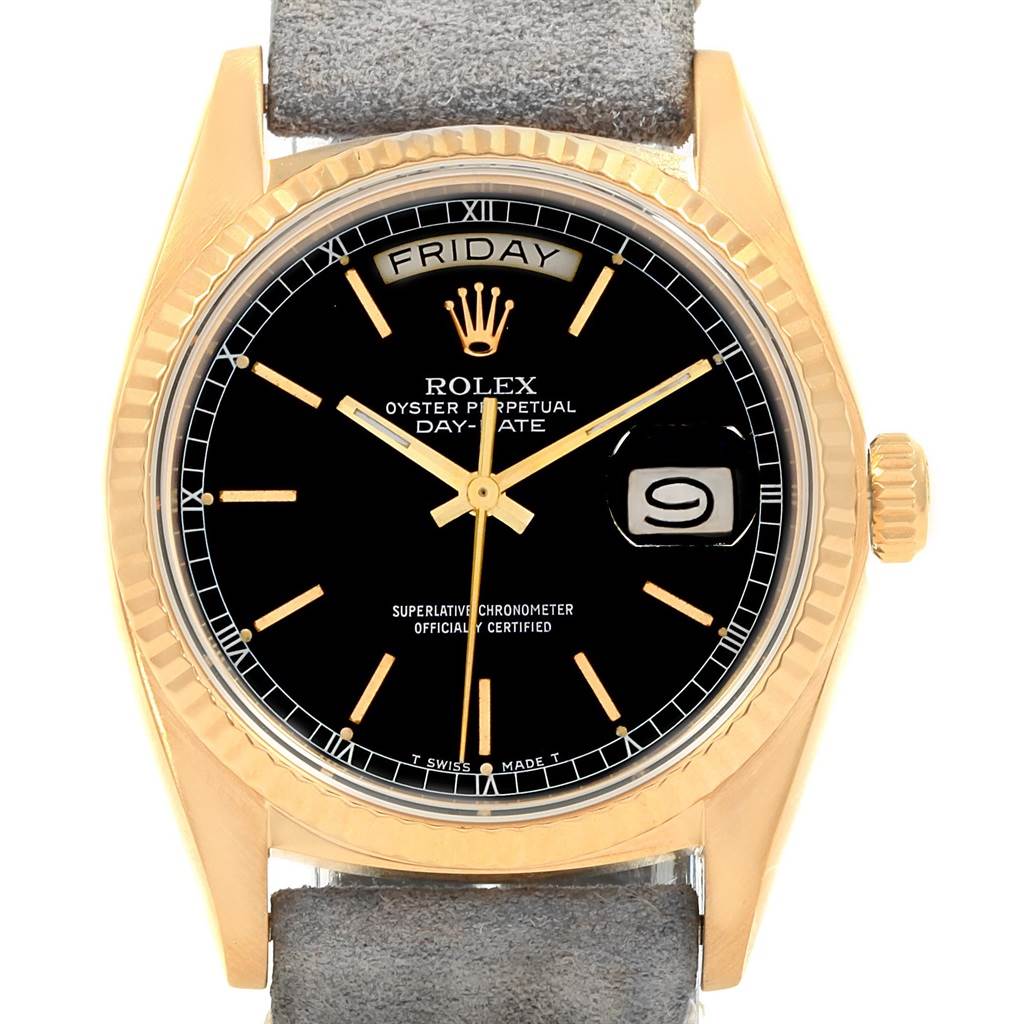 The image shows a front view of the Rolex President 18078 Men
s Yellow Gold Black Dial 18078 Men
s Yellow Gold Black Dial Day-Date watch, displaying the dial, hands, crown, and part of the strap.