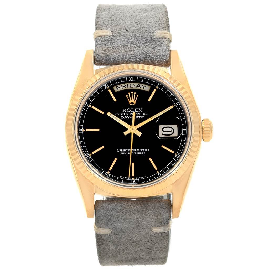 This image shows a front view of a Rolex President 18078 Men
s Yellow Gold Black Dial 18078 Men
s Yellow Gold Black Dial model watch, highlighting the face, case, and strap.