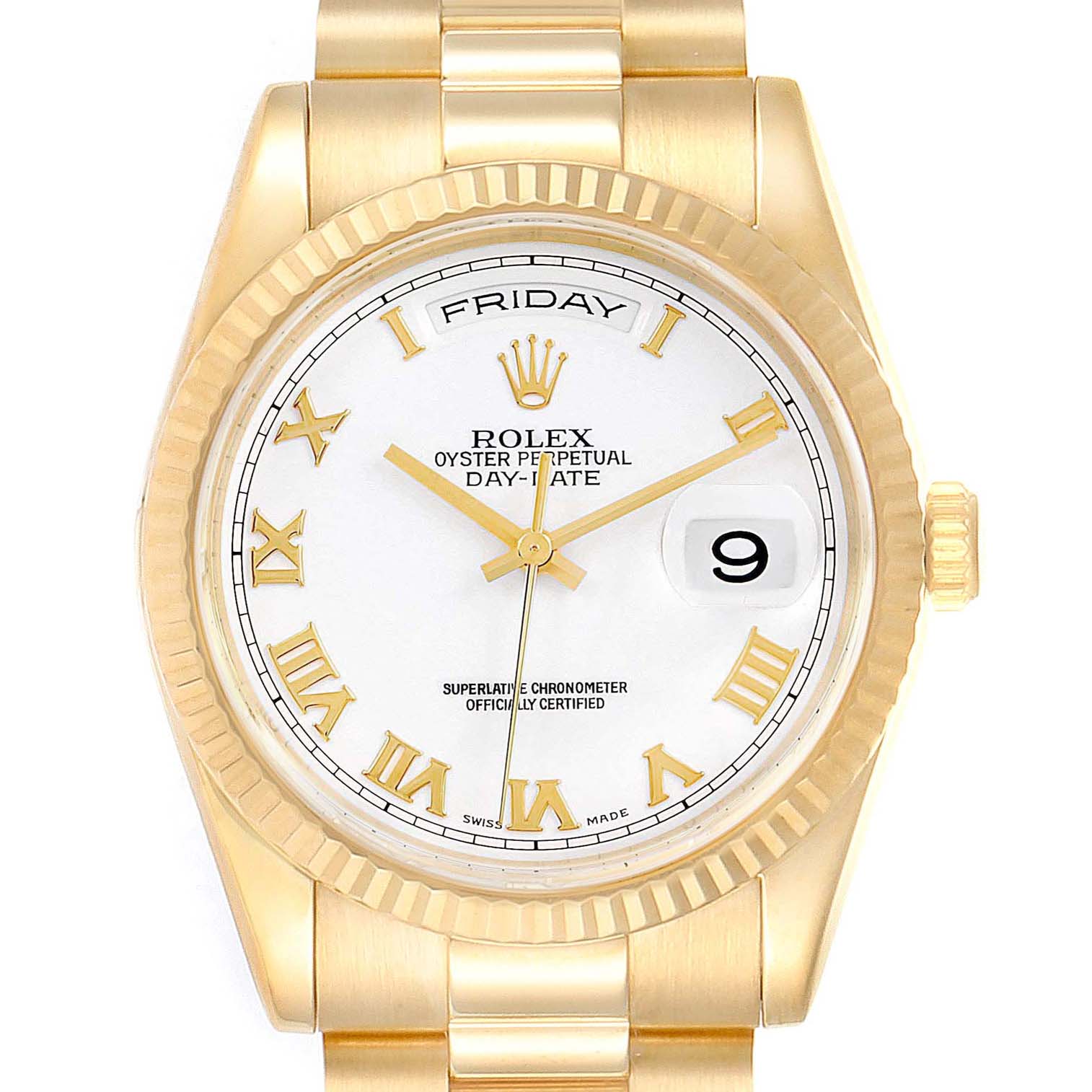 The image shows a front view of a Rolex President 118238 Men
s Yellow Gold White Dial 118238 Men
s Yellow Gold White Dial model, highlighting the watch face, hands, bracelet, and crown.