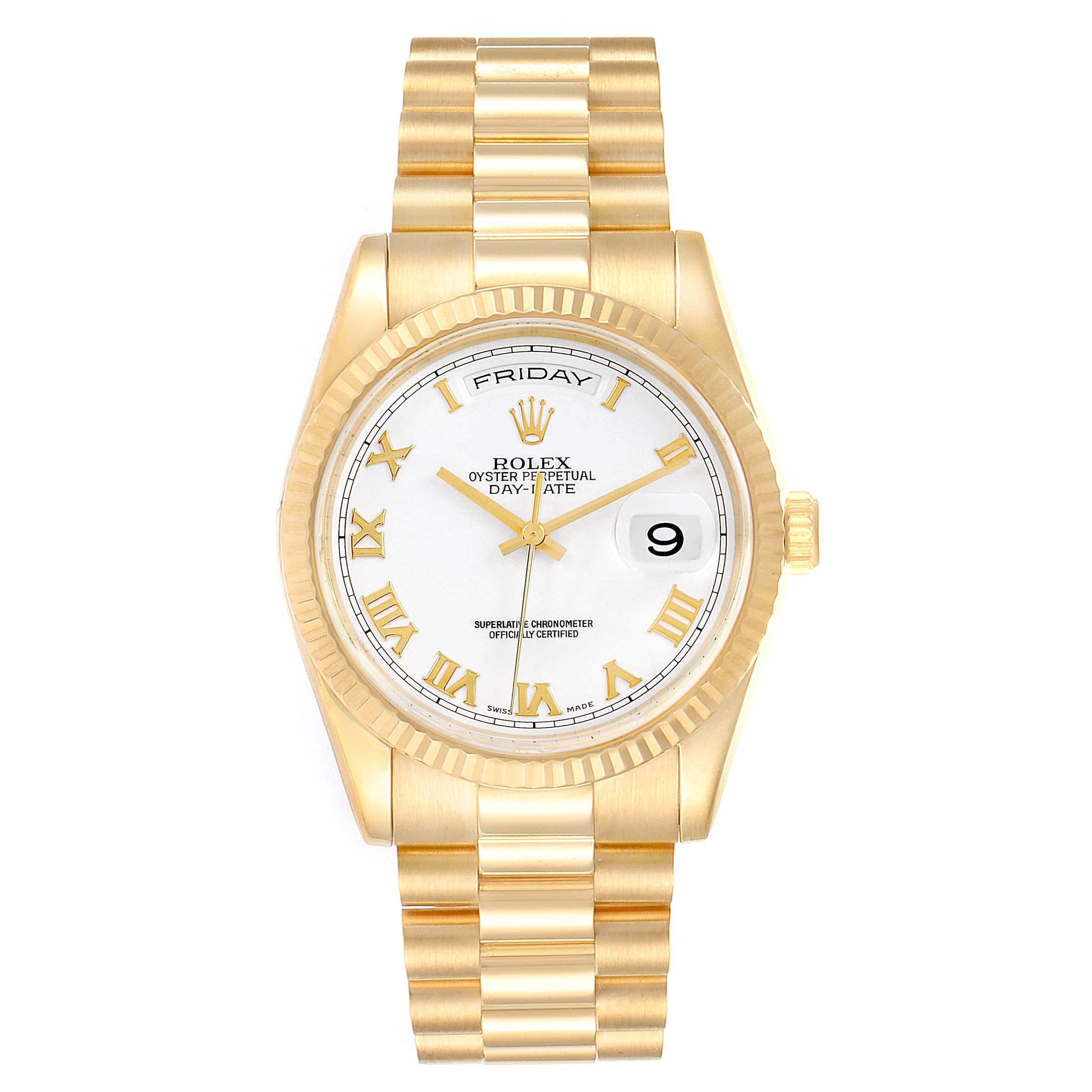 The Rolex President 118238 Men
s Yellow Gold White Dial 118238 Men
s Yellow Gold White Dial watch is shown from a front view, displaying its face, band, and bezel.