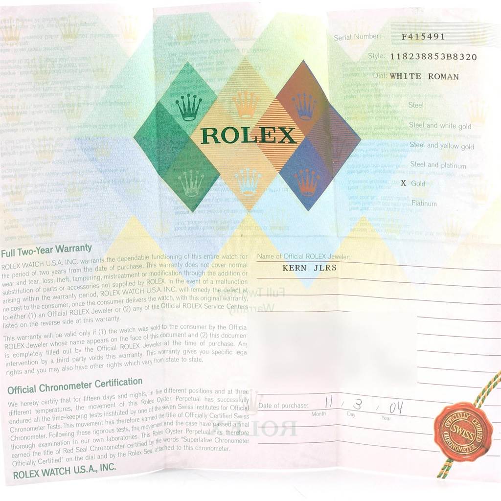 This image shows a warranty certificate for the Rolex President 118238 Men
s Yellow Gold White Dial 118238 Men
s Yellow Gold White Dial model watch.