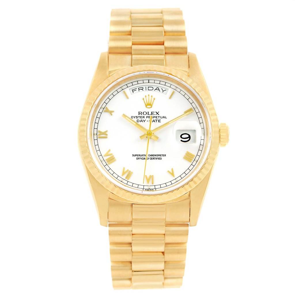 The Rolex President 18238 Men
s Yellow Gold White Dial 18238 Men
s Yellow Gold White Dial model watch is shown from a front angle, highlighting its gold bracelet, white dial, day-date function, and Roman numeral markers.