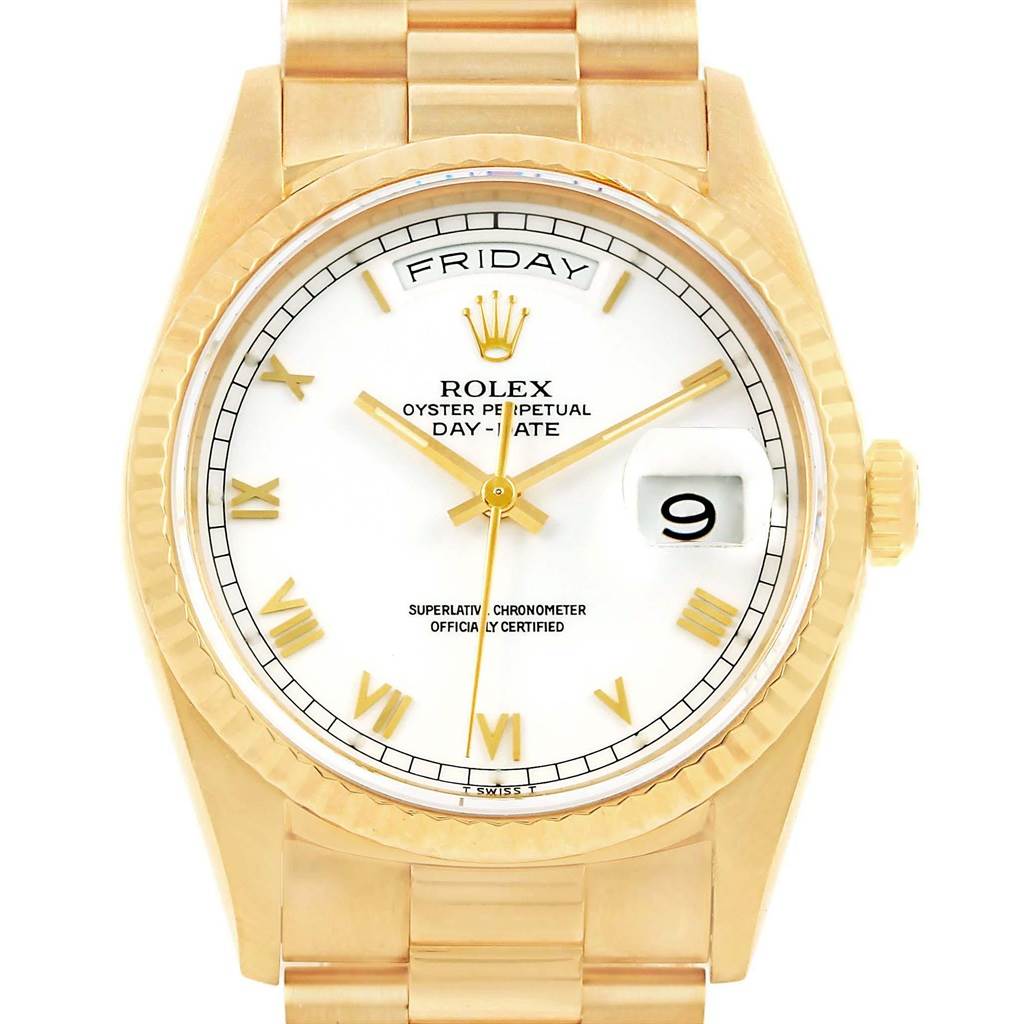 The image shows a front view of a Rolex President 18238 Men
s Yellow Gold White Dial 18238 Men
s Yellow Gold White Dial Day-Date watch, displaying the dial, bezel, bracelet, and part of the crown.