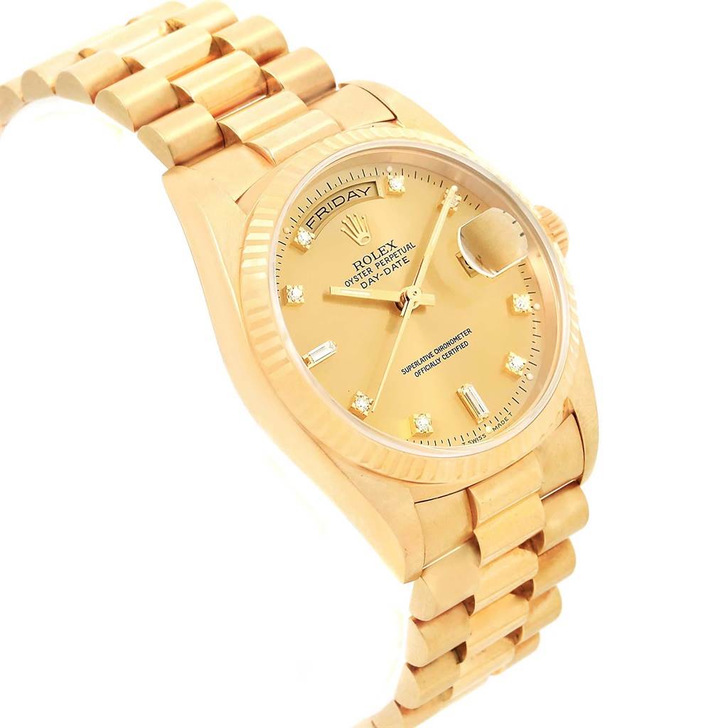 The image shows a Rolex President 18238 Men
s Yellow Gold Champagne Dial 18238 Men
s Yellow Gold Champagne Dial model watch at an angled view, highlighting the face, bezel, and bracelet.