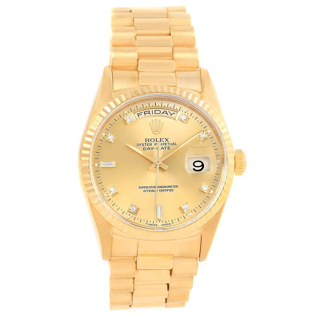 This image shows a front view of a Rolex President 18238 Men
s Yellow Gold Champagne Dial 18238 Men
s Yellow Gold Champagne Dial model watch, highlighting the face, band, and crown.