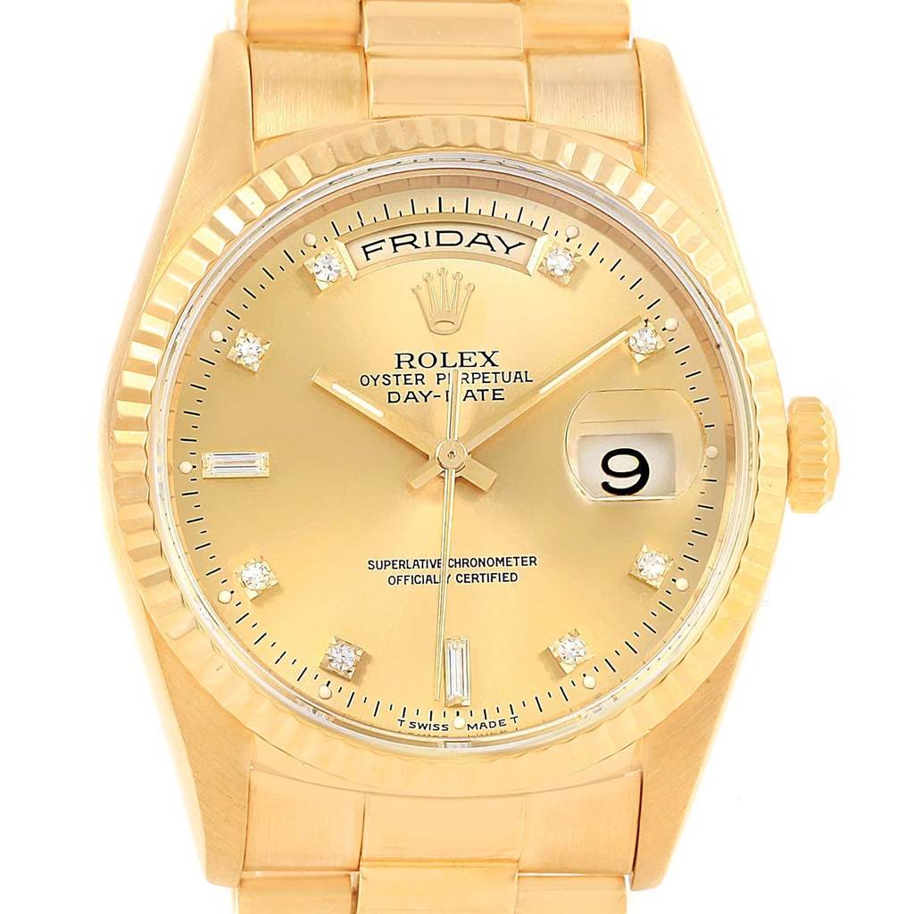 The image shows a frontal view of the Rolex President 18238 Men
s Yellow Gold Champagne Dial 18238 Men
s Yellow Gold Champagne Dial watch, displaying the dial, crown, and part of the bracelet.