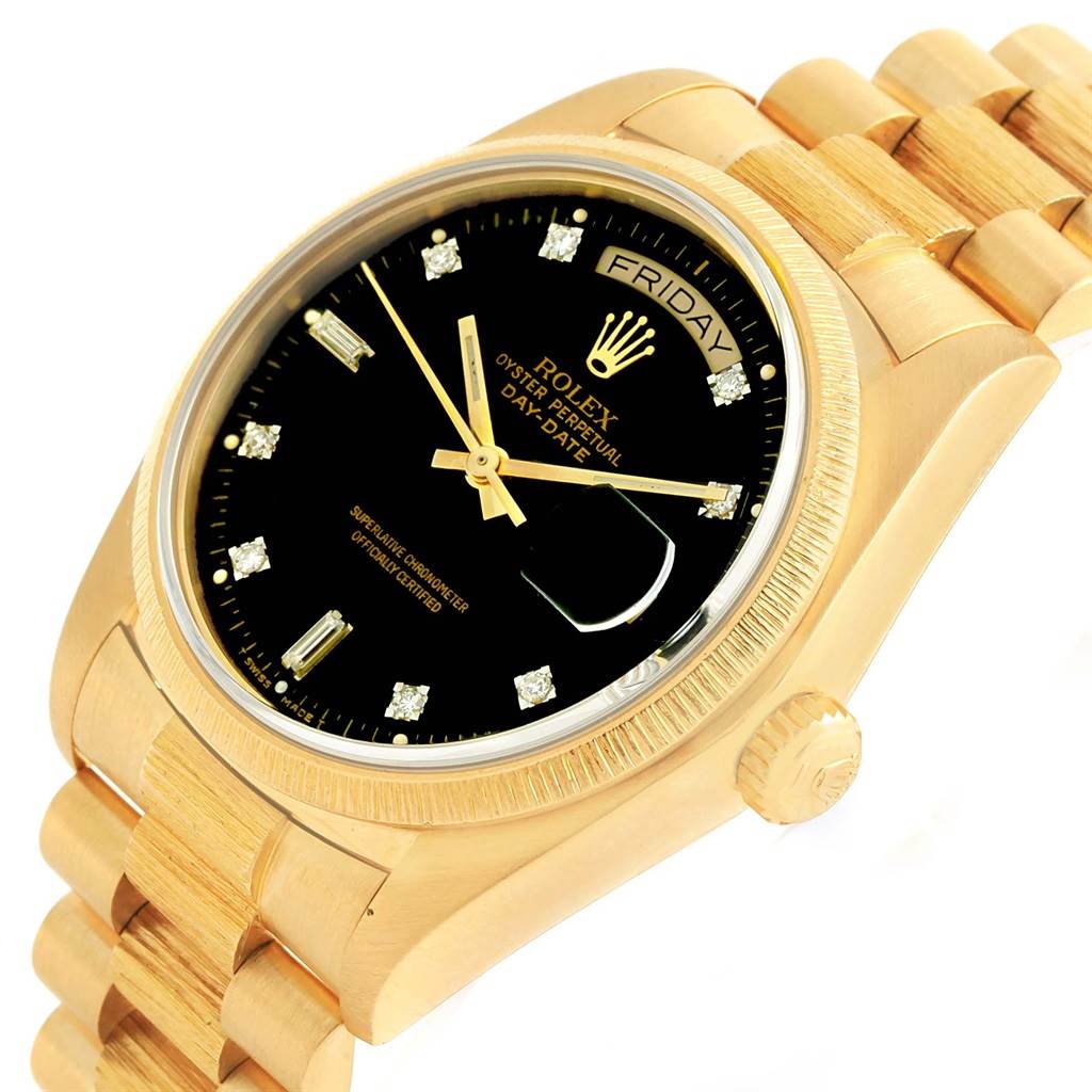 The image shows a Rolex President 18078 Men's Yellow Gold Black Dial 18078 Men's Yellow Gold Black Dial model watch angled to highlight the face, crown, and part of the bracelet.