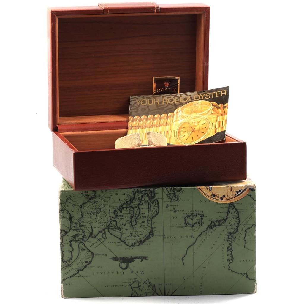 The image shows an open box for a Rolex President 18078 Men's Yellow Gold Black Dial 18078 Men's Yellow Gold Black Dial model watch with a brochure inside.