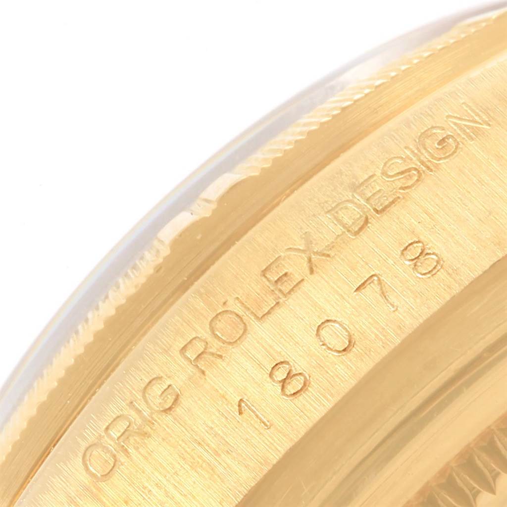 The image shows a close-up of the case side of the Rolex President 18078 Men's Yellow Gold Black Dial 18078 Men's Yellow Gold Black Dial model, highlighting the engraved model number.