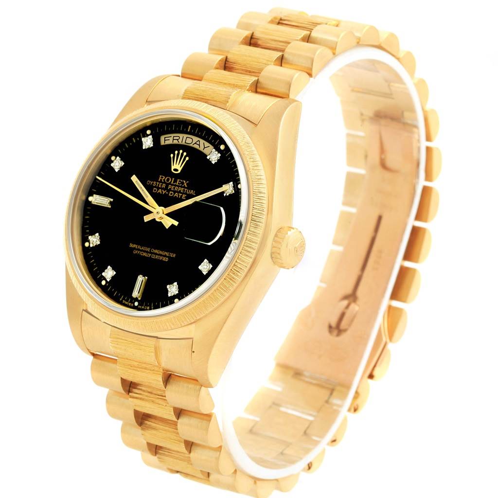 The Rolex President 18078 Men's Yellow Gold Black Dial 18078 Men's Yellow Gold Black Dial model watch is shown from a three-quarter angle, highlighting its gold case, black dial, and bracelet.