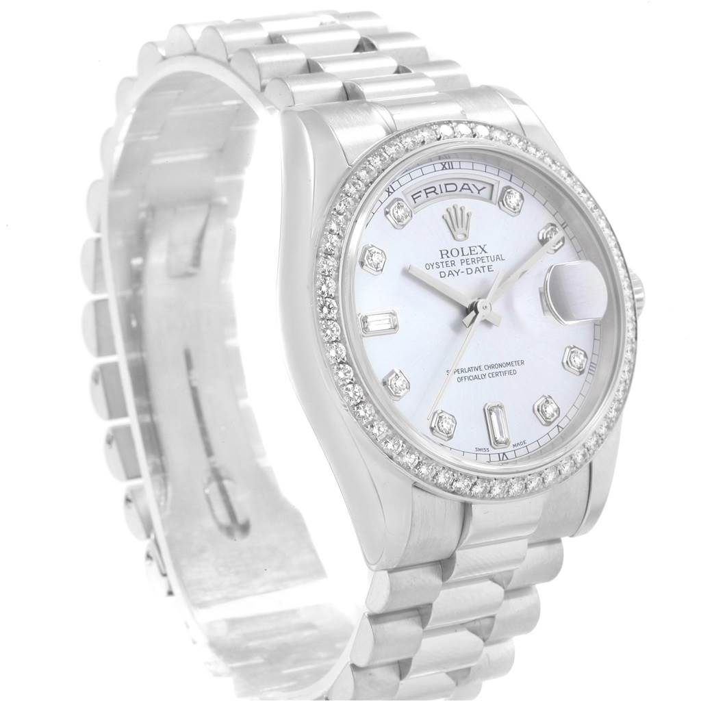 The image shows a Rolex President 118206 Men's Platinum Blue Dial 118206 Men's Platinum Blue Dial watch, showcasing its face, bracelet, and side, angled slightly from the front left.