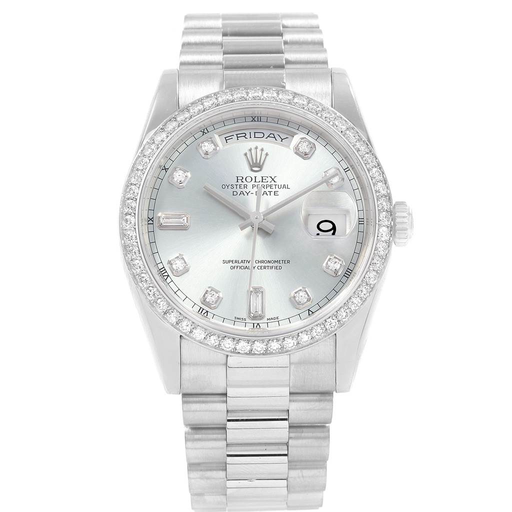 The image shows a front view of a Rolex President 118206 Men's Platinum Blue Dial 118206 Men's Platinum Blue Dial model watch, featuring its face, dial, bezel, and bracelet.