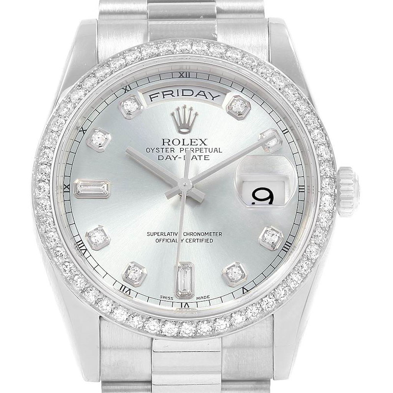 Rolex President Day-Date 36 Platinum Glacier Blue Diamond Watch 118206 SwissWatchExpo