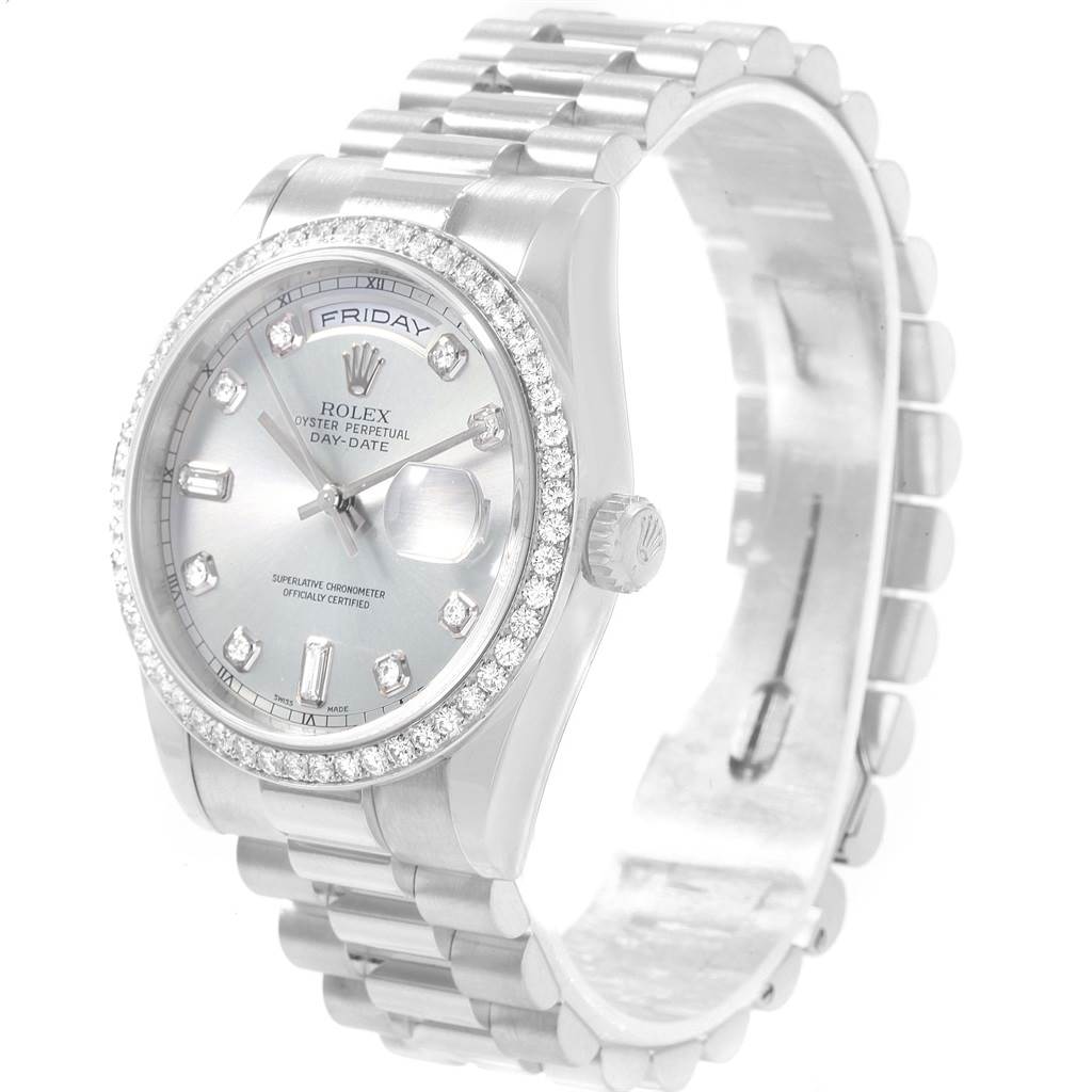 The image shows a Rolex President 118206 Men's Platinum Blue Dial 118206 Men's Platinum Blue Dial model watch, angled to highlight the face, bezel, band, and crown.