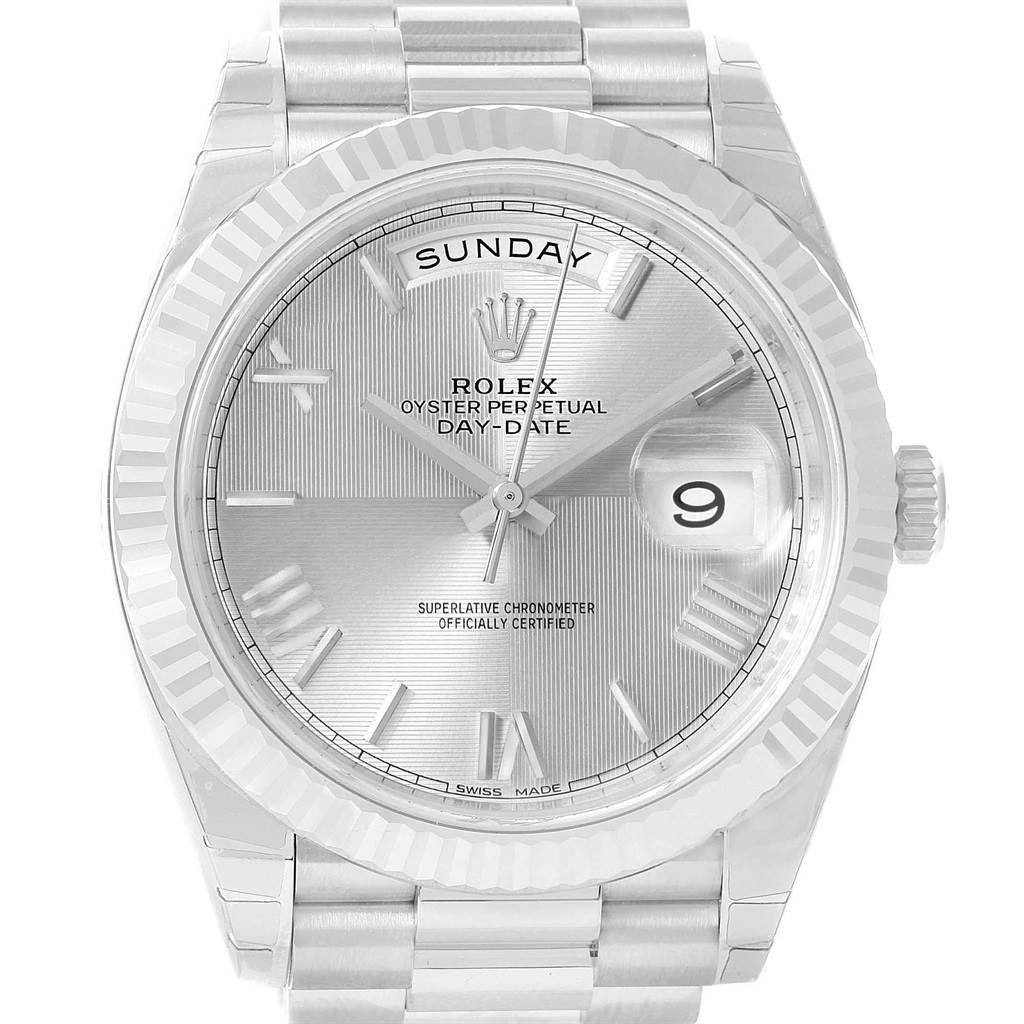 The image shows a front view of the Rolex President 228239 Men's White Gold Silver Dial 228239 Men's White Gold Silver Dial Day-Date watch, highlighting the dial, bracelet, and crown.