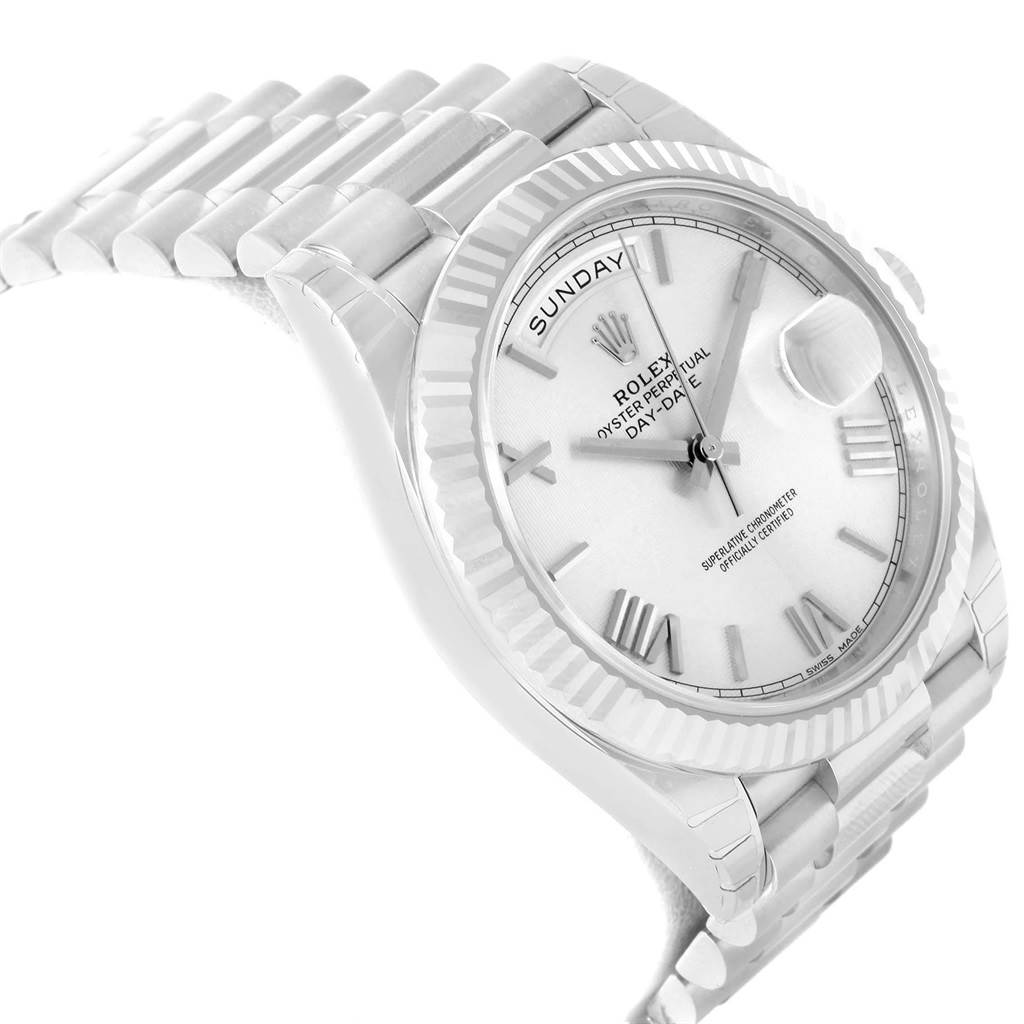 The Rolex President 228239 Men's White Gold Silver Dial 228239 Men's White Gold Silver Dial model watch is shown at a slight angle, displaying the dial, fluted bezel, and part of the bracelet.