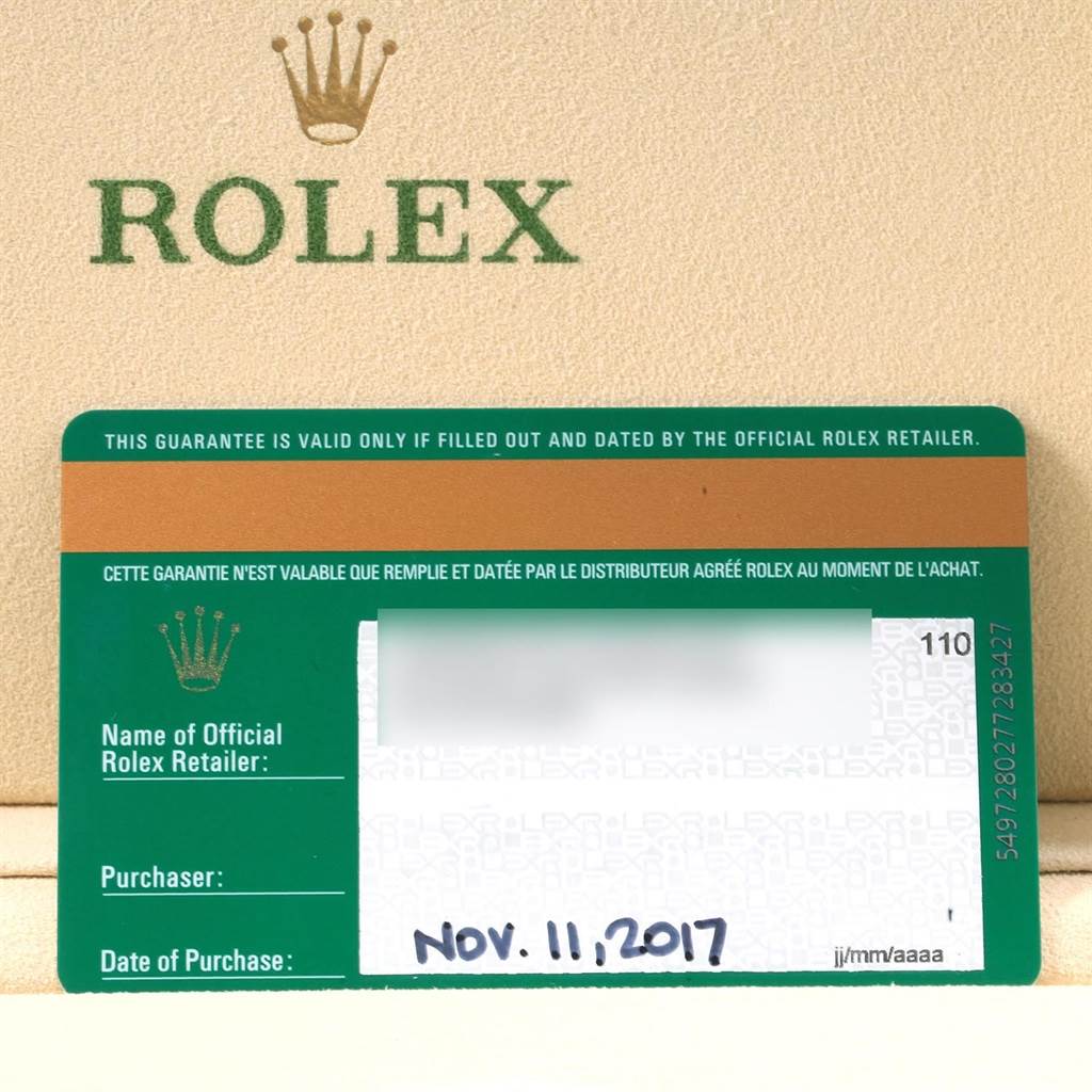 The image shows an official Rolex guarantee card for the President model, including purchase details and retailer information.