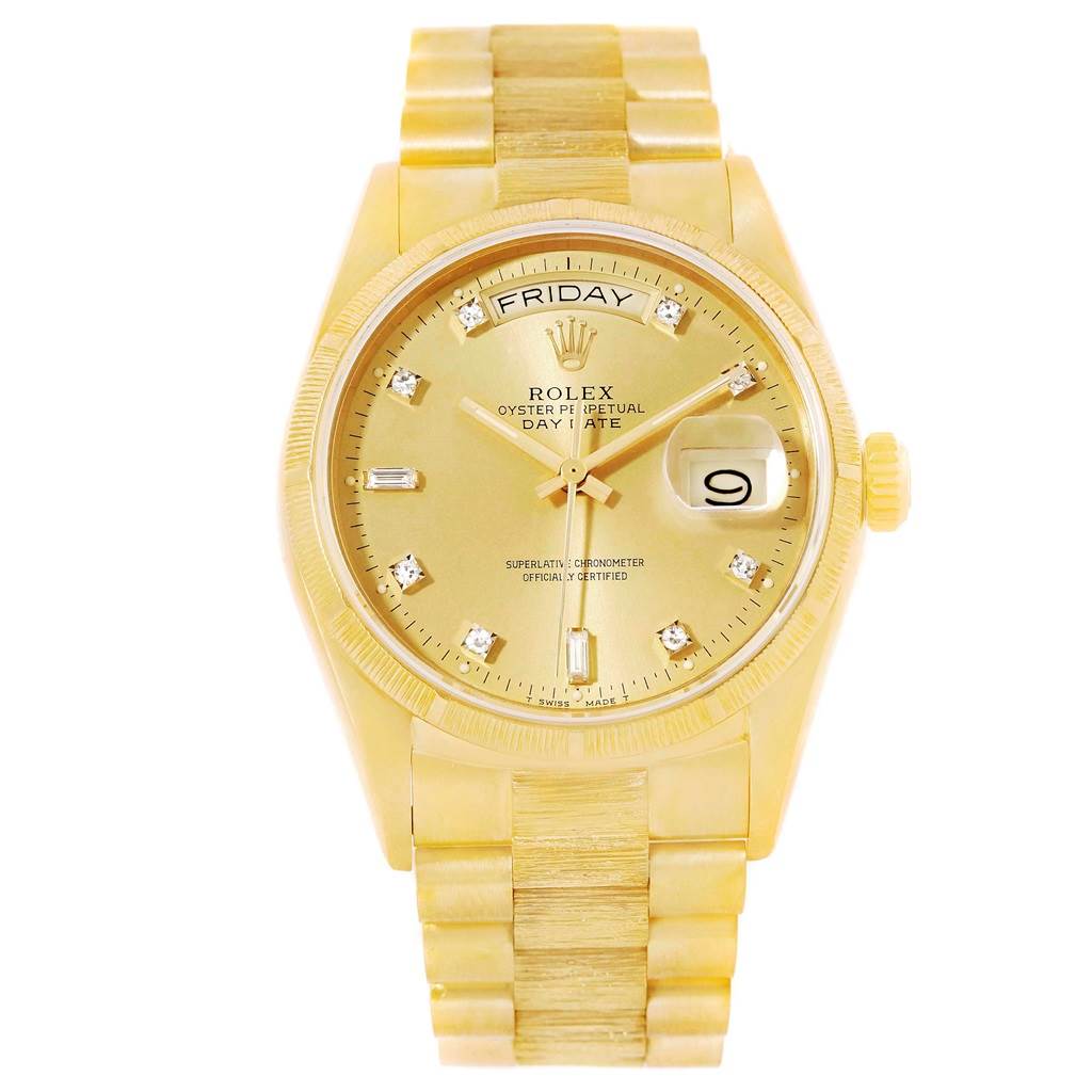 The image shows a frontal view of the Rolex President 18078 Men
s Yellow Gold Champagne Dial 18078 Men
s Yellow Gold Champagne Dial model watch, highlighting its face, bezel, and bracelet in gold.