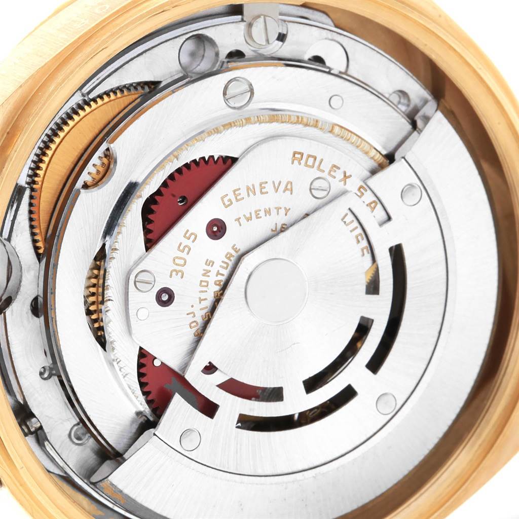 This image shows the inner mechanism and movement of a Rolex President 18078 Men
s Yellow Gold Champagne Dial 18078 Men
s Yellow Gold Champagne Dial model watch from a rear angle.