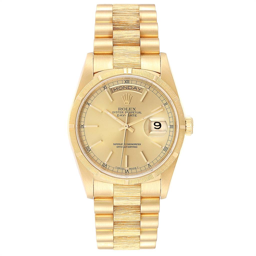 This image shows a front view of a Rolex President 18248 Men
s Yellow Gold Champagne Dial 18248 Men
s Yellow Gold Champagne Dial model watch, highlighting the gold bracelet, dial, and day-date display.