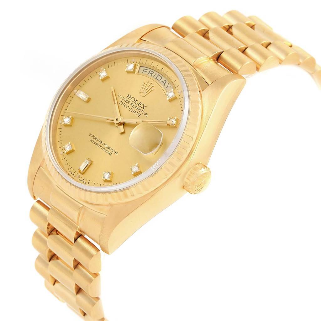 The Rolex President 18038 Men
s Yellow Gold Champagne Dial 18038 Men
s Yellow Gold Champagne Dial model watch is shown at a slight angle, displaying the face, band, bezel, and crown.
