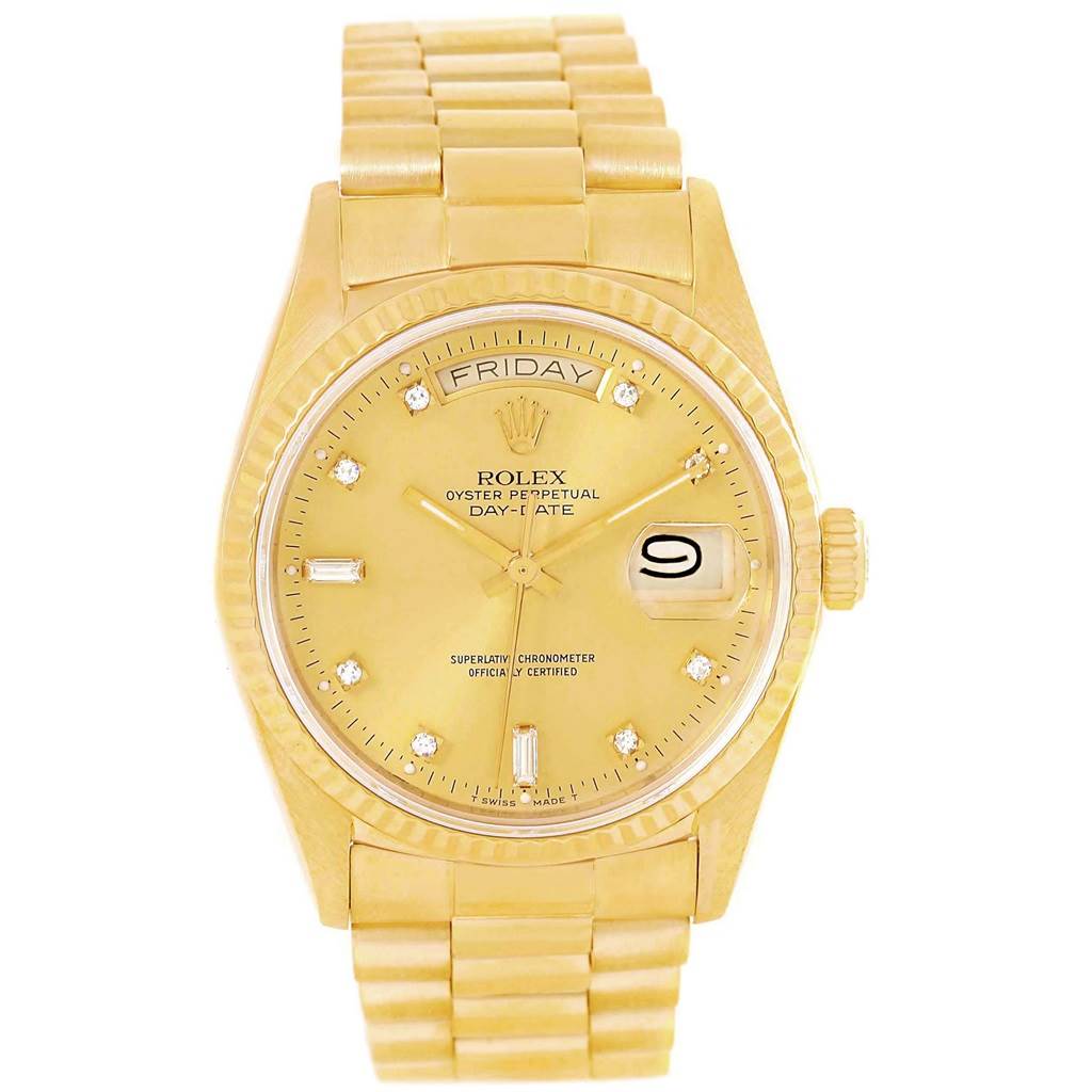 The image shows a front view of a Rolex President 18038 Men
s Yellow Gold Champagne Dial 18038 Men
s Yellow Gold Champagne Dial model watch displaying its dial, fluted bezel, and bracelet.