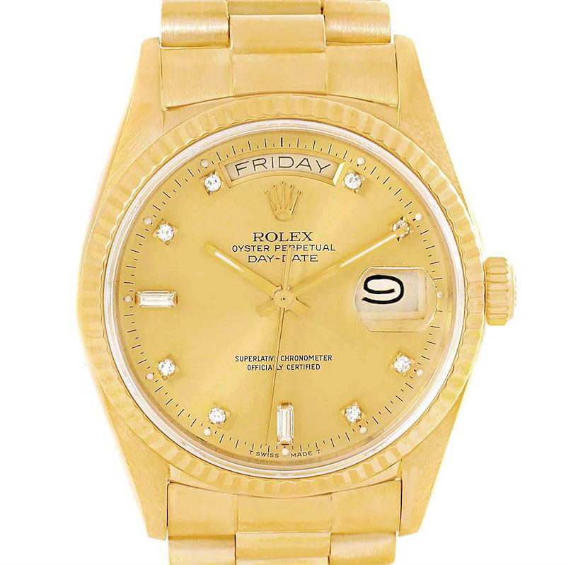 Rolex President Day Date 18k Yellow Gold Diamond Watch 18038 SwissWatchExpo