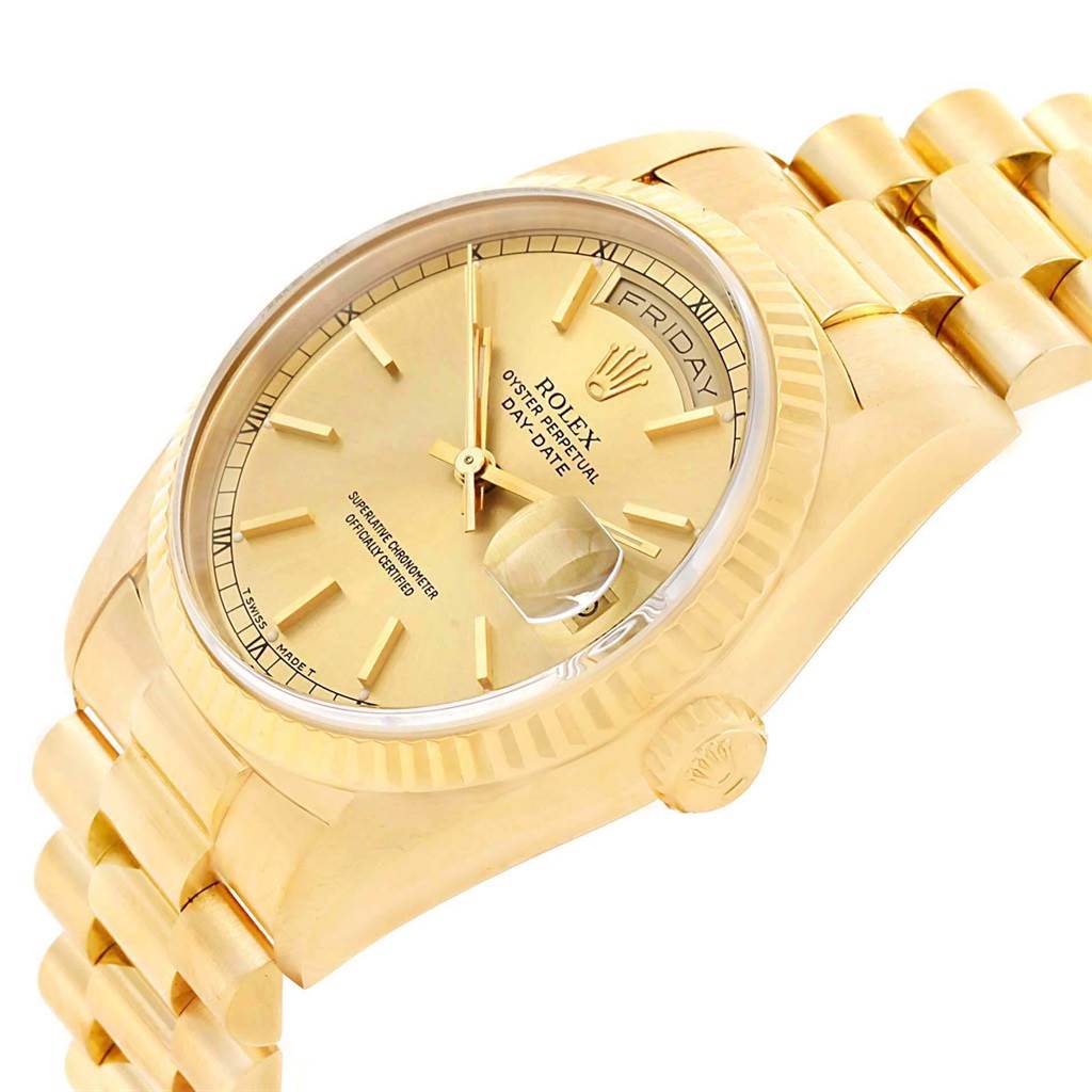 The Rolex President 18238 Men
s Yellow Gold Champagne Dial 18238 Men
s Yellow Gold Champagne Dial model is shown from a side angle, highlighting the dial, band, fluted bezel, and crown.
