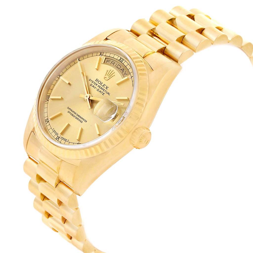The image shows a Rolex President 18238 Men
s Yellow Gold Champagne Dial 18238 Men
s Yellow Gold Champagne Dial model watch from a three-quarter angle, displaying the face, bracelet, and crown.