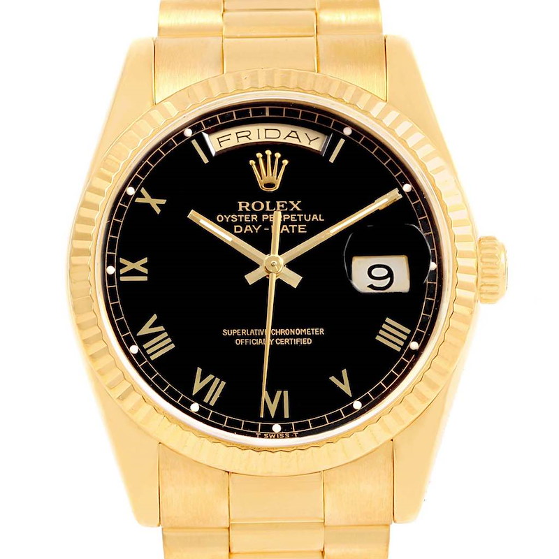 Rolex President Day-Date Yellow Gold Black Roman Dial Mens Watch 18238 SwissWatchExpo