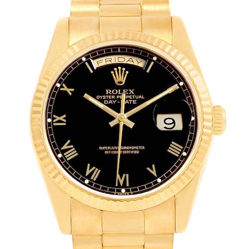 Photo of Rolex President Day-Date Yellow Gold Black Roman Dial Mens Watch 18238
