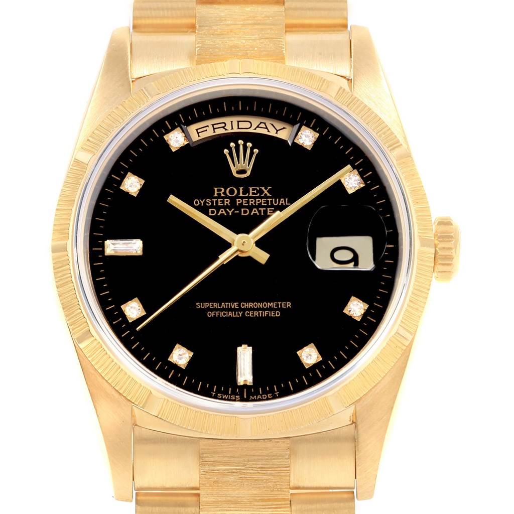The image shows a frontal view of a Rolex President 18308 Men
s Yellow Gold Black Dial 18308 Men
s Yellow Gold Black Dial Oyster Perpetual Day-Date watch, highlighting the dial, hands, bezel, and bracelet.