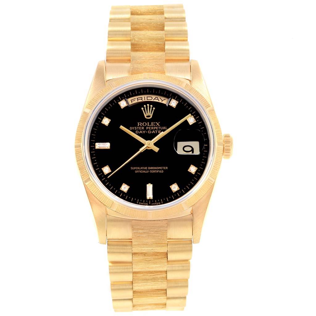 The Rolex President 18308 Men
s Yellow Gold Black Dial 18308 Men
s Yellow Gold Black Dial model watch is shown from the front, displaying the face, bezel, and bracelet.