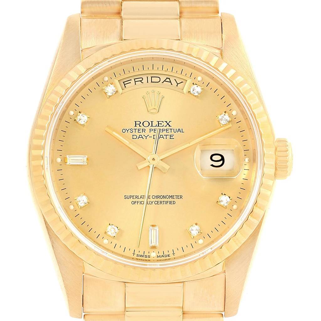 The image shows a front view of the Rolex President 18238 Men's Yellow Gold Champagne Dial 18238 Men's Yellow Gold Champagne Dial model watch, displaying the face, day, date window, hands, and bracelet.