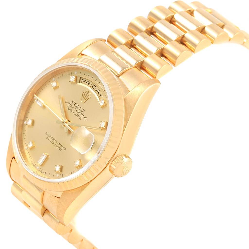 The image shows a Rolex President 18238 Men's Yellow Gold Champagne Dial 18238 Men's Yellow Gold Champagne Dial watch at a slightly tilted angle, featuring the face, bezel, crown, and bracelet.