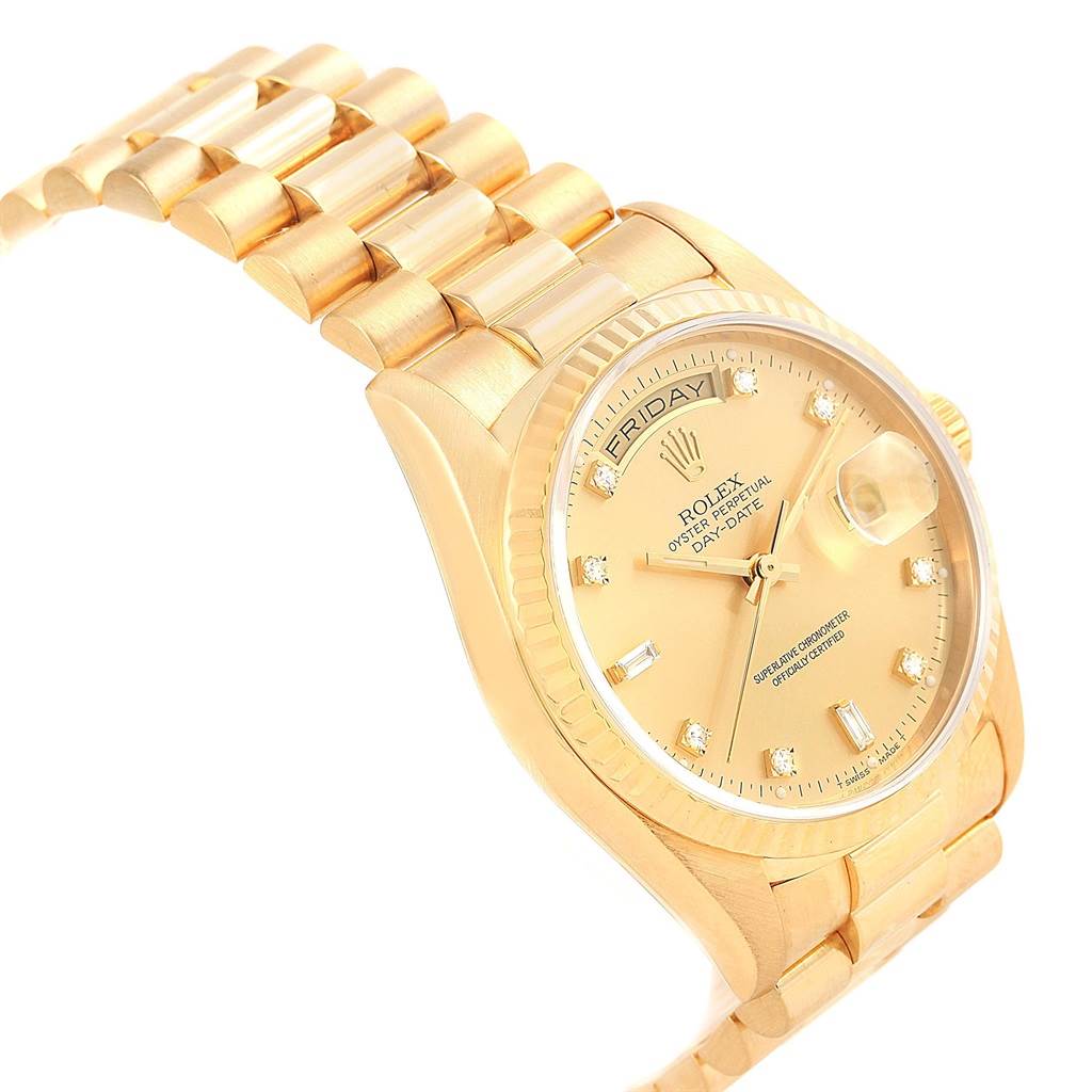 The image shows a Rolex President 18238 Men's Yellow Gold Champagne Dial 18238 Men's Yellow Gold Champagne Dial model watch from a slanted front angle, highlighting the gold bracelet, case, and champagne dial.