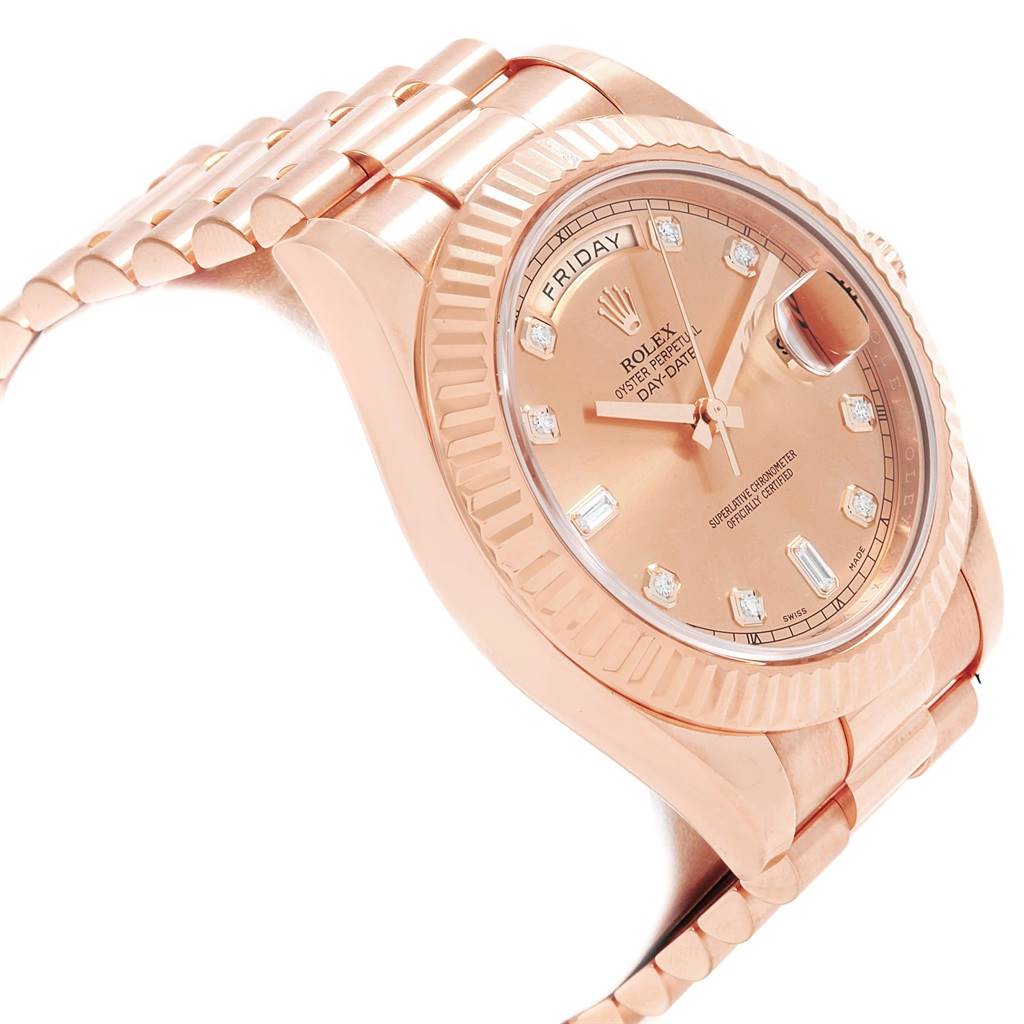The image shows a side angle view of a Rolex President 218235 Men's Rose Gold Pink Dial 218235 Men's Rose Gold Pink Dial model watch, highlighting the bracelet, case, and dial.