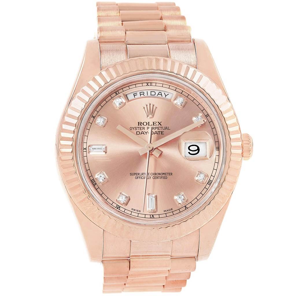 The image shows a front view of a Rolex President 218235 Men's Rose Gold Pink Dial 218235 Men's Rose Gold Pink Dial Day-Date watch in rose gold, detailing the dial, bracelet, and bezel.