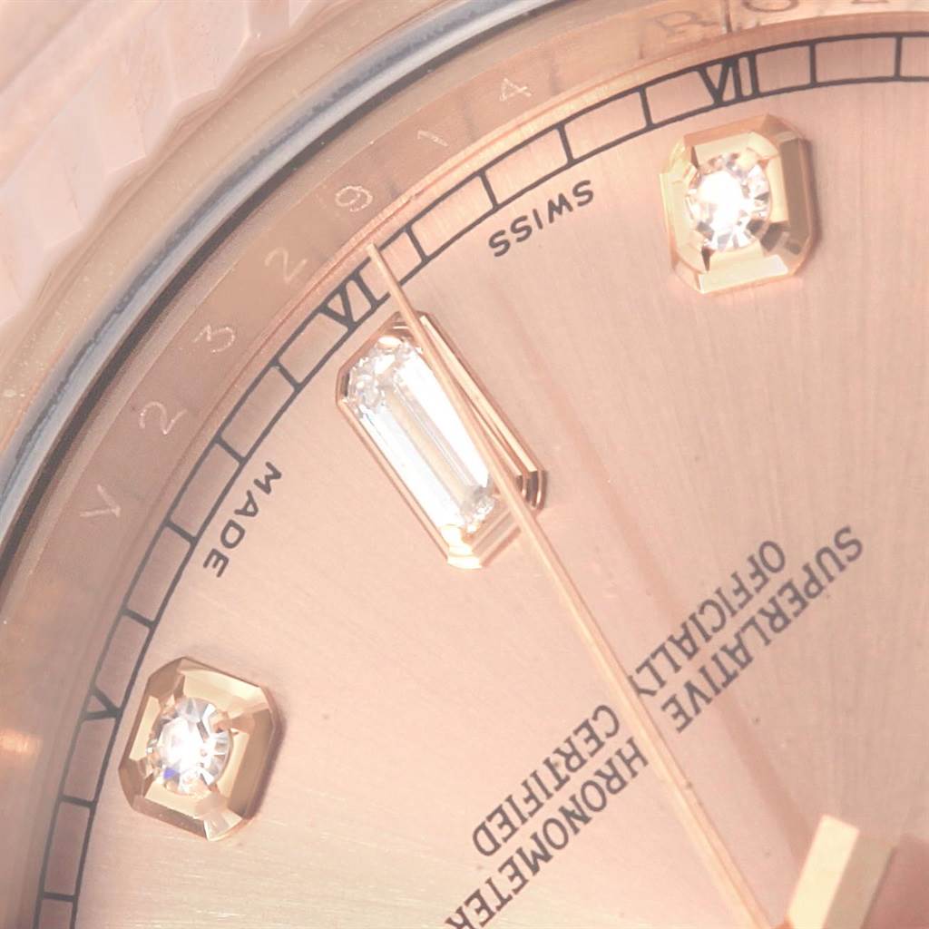 The close-up image shows the watch face and diamond hour markers of a Rolex President 218235 Men's Rose Gold Pink Dial 218235 Men's Rose Gold Pink Dial model.