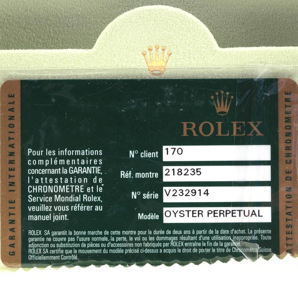The image shows a warranty card for a Rolex Oyster Perpetual President model viewed from the front.